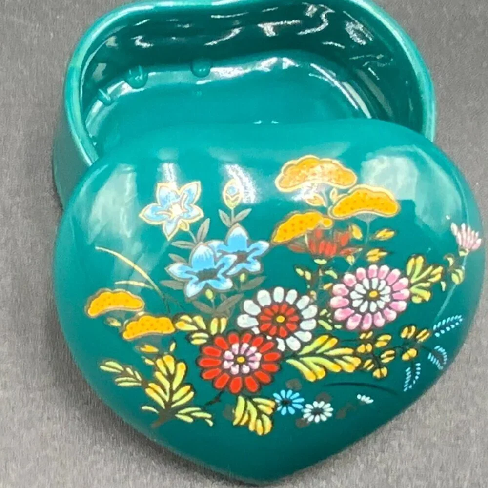 Teal Hand Painted Floral Heart Porcelain Trinket Box Made in Japan
